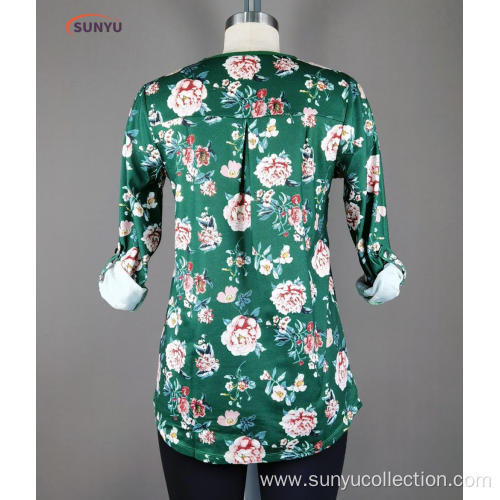 ladie's flower printed long T-shirt sleev v-neck